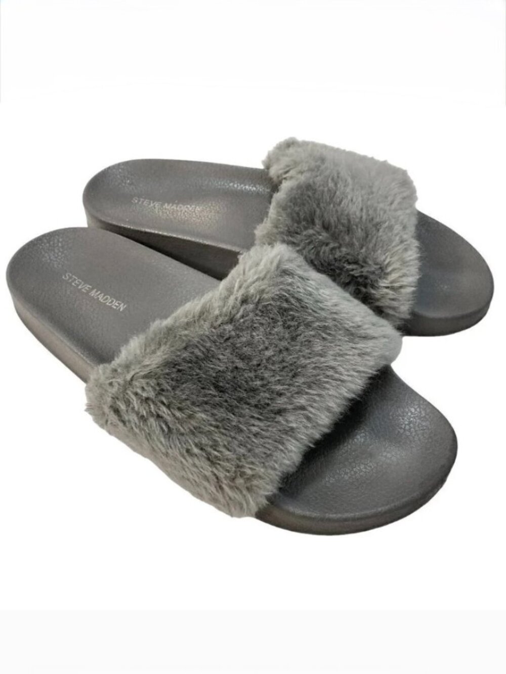 Steve Madden Softey Gray Faux Fur Slide Slipper Sandals - Size 10